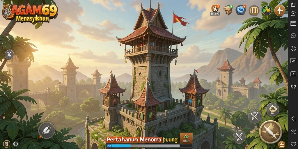 Screenshot gameplay AGAM69 menunjukkan menara yang berfungsi melawan musuh.